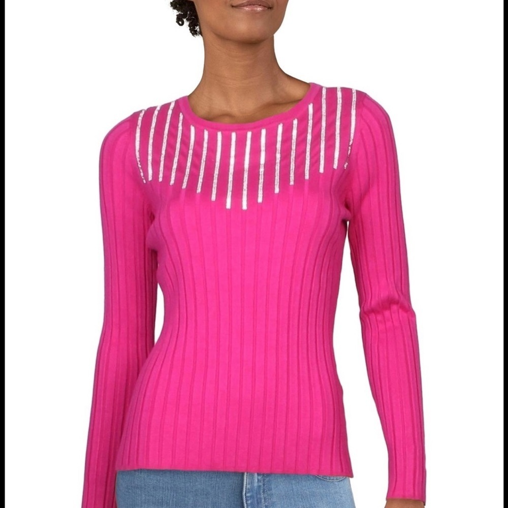 NWT. $70R.  INC Rhinestone Ribbed Top. Size Large. Fuchsia Pop - Picture 2 of 7